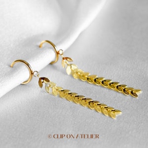 Clip on earrings dangly gold Boho with long leaf chain, hoop earring for non pierced ears, Minimalist Classy dangle dangling earrings