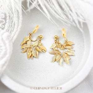 Clip On Earrings Gold Minimalist Tassel Leaf Chain Hoops Huggie Ear Clips Boho Ear Threader | Non Pierced Ears | Pain Free Coil Jewelry Gift