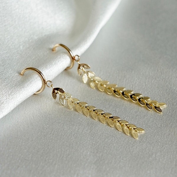 Clip on earrings dangly gold Boho with long leaf chain, hoop earring for non pierced ears, Minimalist Classy dangle dangling earrings