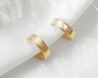 Clip On Earrings Gold Hoop White Mother of Pearl Simple Minimalist Huggie | Invisible Pain Free Coil Design | Non Pierced Ears Jewelry Gift