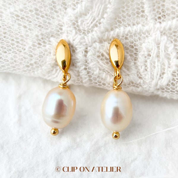 Clip On Earrings Minimalist Natural Pearl Gold Silver Plated Hoop Dangle Ear Clips | Pain Free Coil Non Pierced Ears | Wedding Jewelry Gift