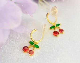 Clip On Earrings Cute Cherry Minimalist Gold Hoop Fruit Huggies, Boho Ear Clips Non Pierced Ears No Piercing, Dainty Jewelry Gift for Her