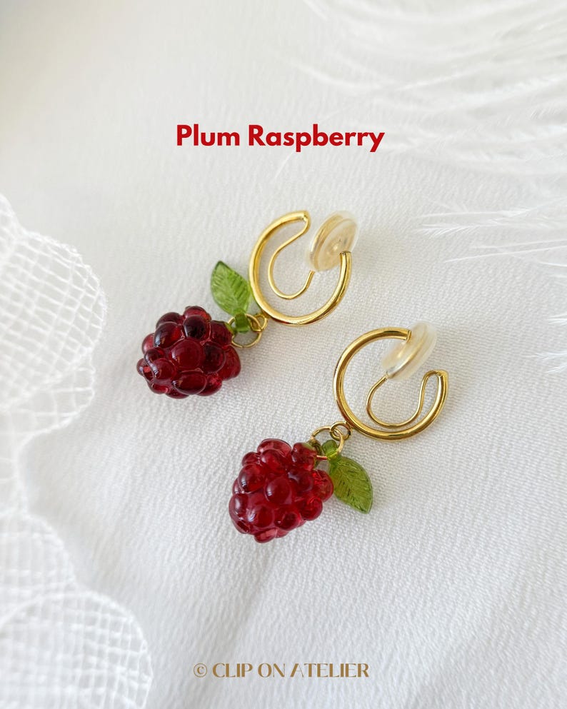 Raspberry Clip On Earrings Gold Hoop Earring Drop Pink Fruit Huggies, Dainty Fair Boho Ear Clips, Non Pierced Ears No Piercing Girl Earring Plum