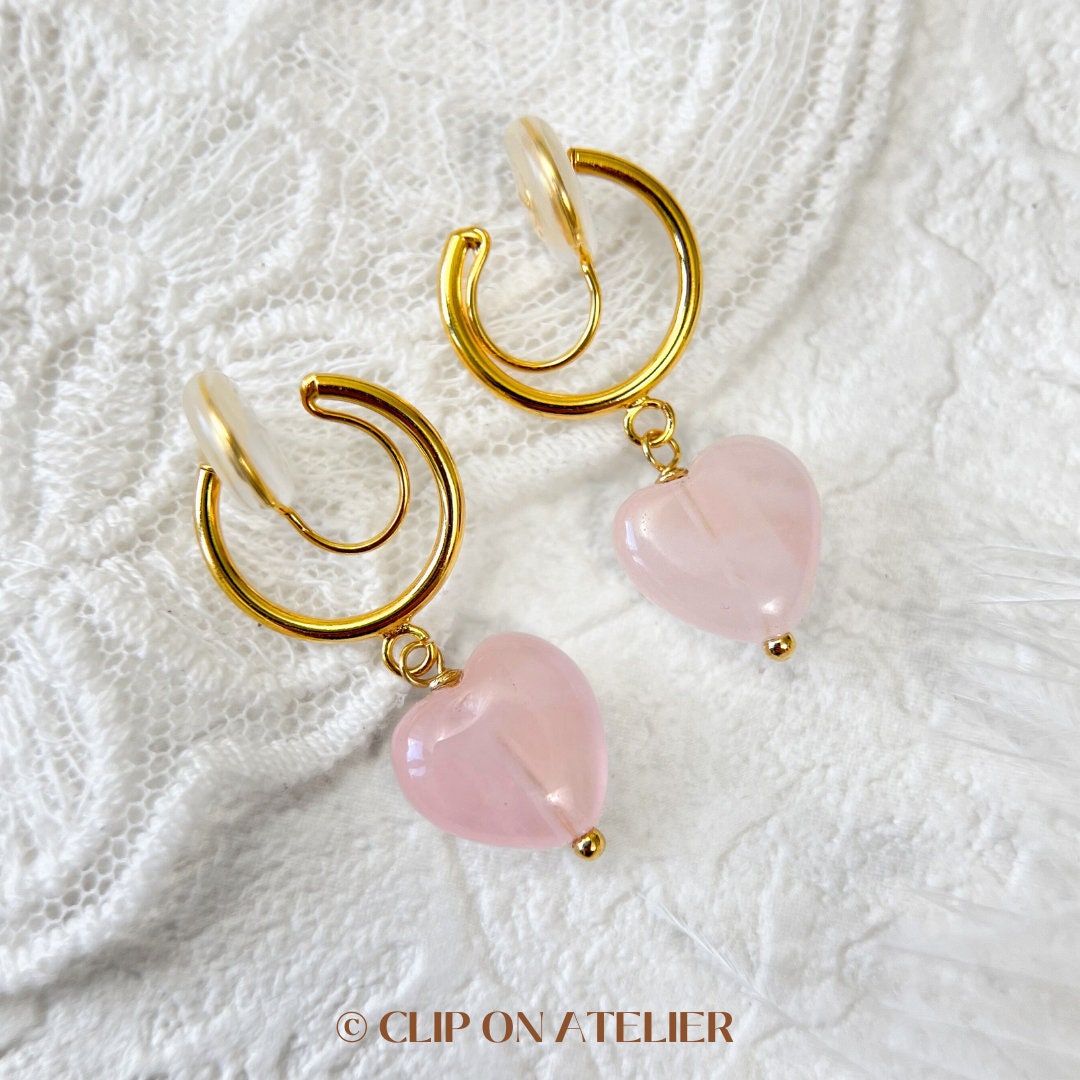 Clip On Earrings Minimalist Gold Hoop Pink Gemstone Heart Boho Rose Quartz Dangle Drop Ear Clips No Pierced Ears Jewelry Gift for Her