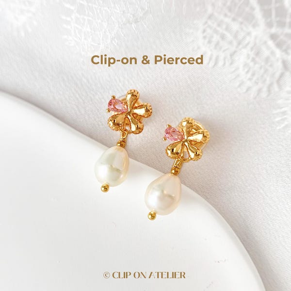 Clip On Earrings Pearl Minimalist Floral Gold Silver Flower Dangle Bridal Ear Clips, Pink Diamond Boho Dainty Clipon, Bridesmaid Gift Prom