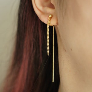 Clip On Earrings Minimalist Gold Long Tassel Chain Threader | Invisible Pain Free mosquito Coil |Non Pierced Ears | Minima | Dangle Dangling