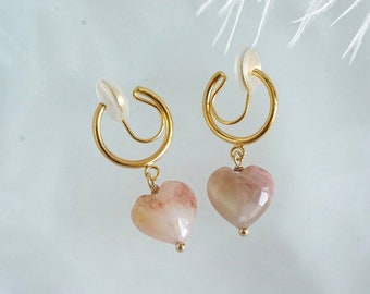 Clip On Earrings Minimalist Gold Thick Hoop & Heart Shape Pink Gemstone, Cherry Blossom Agate, Dangle/Drop/Dangling, No Pierced Ears