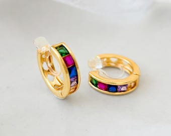 Invisible Clip On Earrings Gold Hoop Rainbow CZ Diamonds Minimalist Color Huggie, Non Pierced Sensitive Ears No Piercing, Hypoallergenic