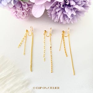 Clip On Earrings Minimalist Gold Long Tassel Chain Threader | Invisible Pain Free mosquito Coil |Non Pierced Ears | Minima | Dangle Dangling