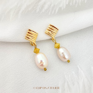 Natural Pearl Gold Clip On Earrings: Dangle Boho Minimalist Bridal Earrings