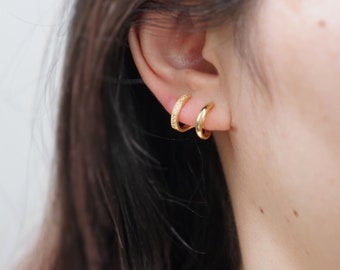 Clip On Earrings Minimalist Gold Double Hoop Bands Rhinestones, Non Pierced Ears, Pain Free Clip Coil, Minimal/Classy/Chic/Minimalism Huggie