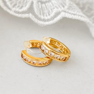 Invisible Clip On Earrings Gold Hoop CZ Diamond Minimalist Huggie, Sensitive Non Pierced Ears No Piercing, Dainty Ear Clips, Hypoallergenic