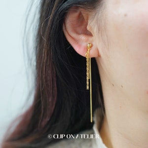 Clip On Earrings Minimalist Gold Long Tassel Chain Threader | Invisible Pain Free mosquito Coil |Non Pierced Ears | Minima | Dangle Dangling