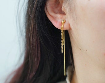 Clip On Earrings Minimalist Gold Long Tassel Chain Threader | Invisible Pain Free mosquito Coil |Non Pierced Ears | Minima | Dangle Dangling