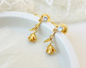 Clip On Earrings Gold Minimalist Boho Rose Flower Branch CZ Diamond Dainty Dangle Floral Invisible Ear Clips, Non Pierced Ears, Gift For Her