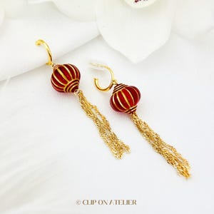 Clip On Earrings Minimalist Red Lantern Gold Chinese Lunar New Year, Long Dangle Drop Boho Ear Clips, Non Pierced Ears, Fairy Holiday Gifts