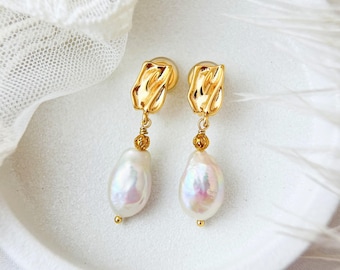 Baroque Pearl Gold Clip On Earrings Minimalist Dainty Bridal Earrings, Dainty Wedding Jewelry Gift For Her, Christmas Gift Non Pierced Ears