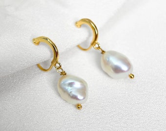 Clip On Earrings Natural Baroque Freshwater Pearl 14K Gold Plated Hoop Ear Clips | Pain Free Coil | Non Pierced Ears | Wedding Jewelry Gift