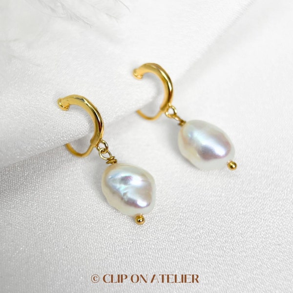 Clip On Earrings Natural Baroque Freshwater Pearl 14K Gold Plated Hoop Ear Clips | Pain Free Coil | Non Pierced Ears | Wedding Jewelry Gift