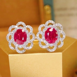 18k white gold natural pigeon blood red ruby stud earrings/Dainty floral oval ruby studs/Diamond petal ruby studs women