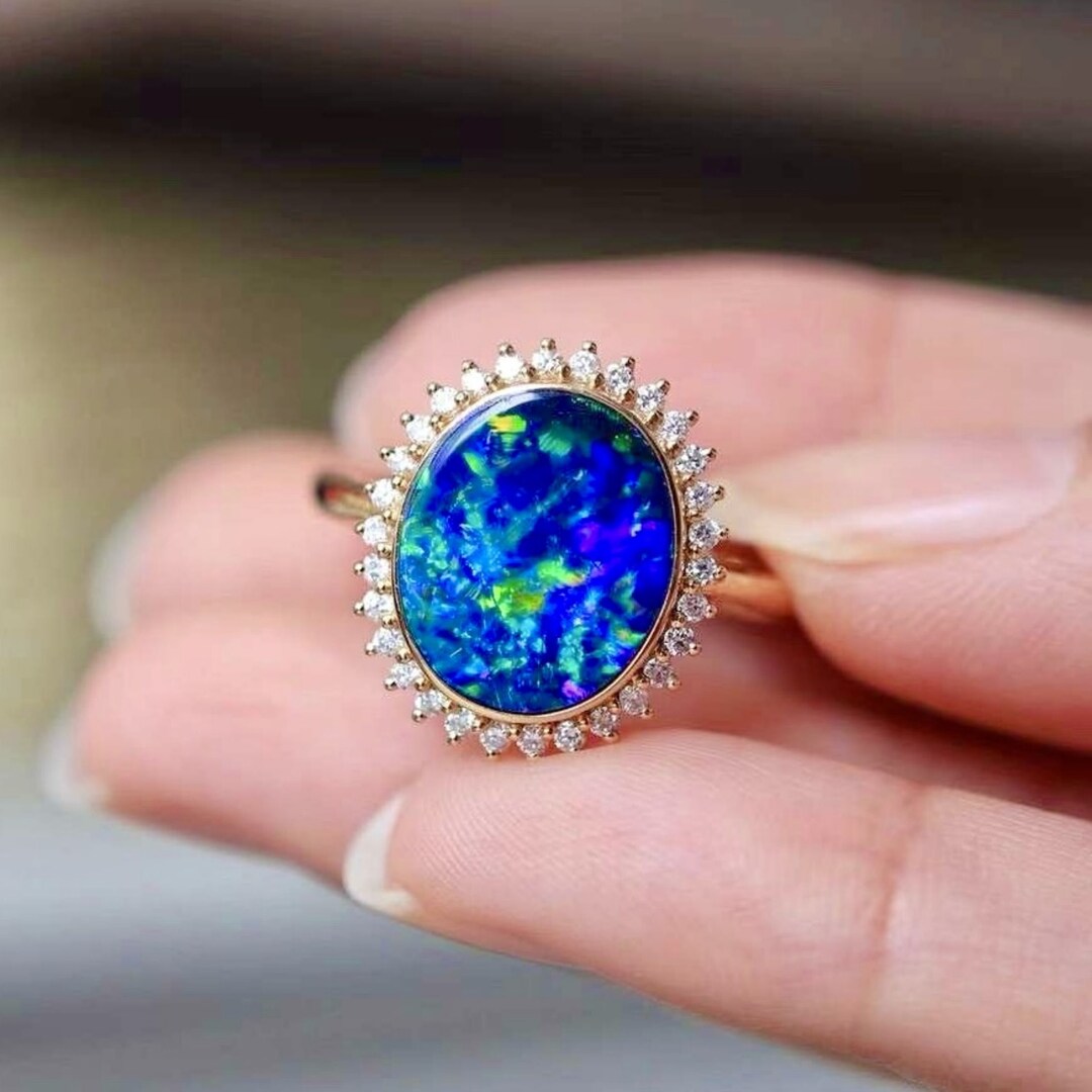 Australian Opal Ring: 18k Rose Gold, Diamond Halo, Art Deco Engagement ...
