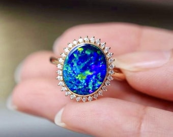Australian Opal Ring: 18k Rose Gold, Diamond Halo, Art Deco Engagement Ring