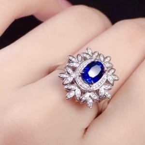 18k white gold natural royal blue sapphire engagement ring/Zambia oval sapphire propose ring/Unique art deco sapphire ring/antique sapphire