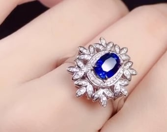 18k White Gold Royal Blue Sapphire Engagement Ring: Art Deco Style