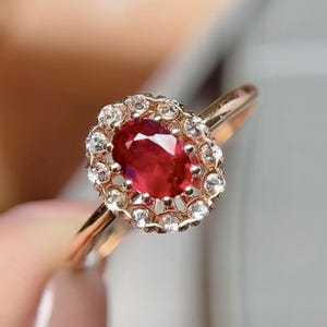Genuine pigeon blood ruby wedding ring in 18k rose gold/White sapphire halo ruby engagement ring/High end oval ruby ring/July birthstone