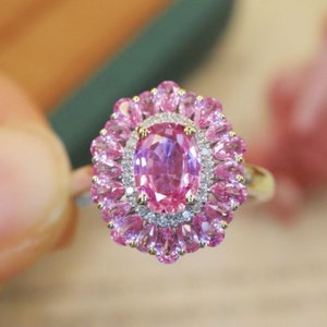 18k white gold natural pink sapphire engagement ring/Diamond double halo sapphire ring/Statement oval sapphire ring/Handmade pink sapphire