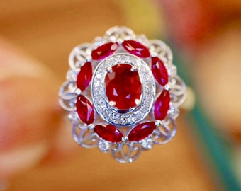 Genuine pigeon blood ruby 18k white gold promise ring/Statement oval ruby engagement ring/Unique ruby ring for her/Multi stone ruby ring