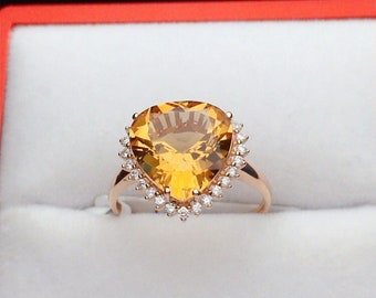 Heart citrine ring/18k rose gold citrine engagement ring/Natural halo citrine ring women/Natural citrine ring/Handmade citrine ring/Art Deco