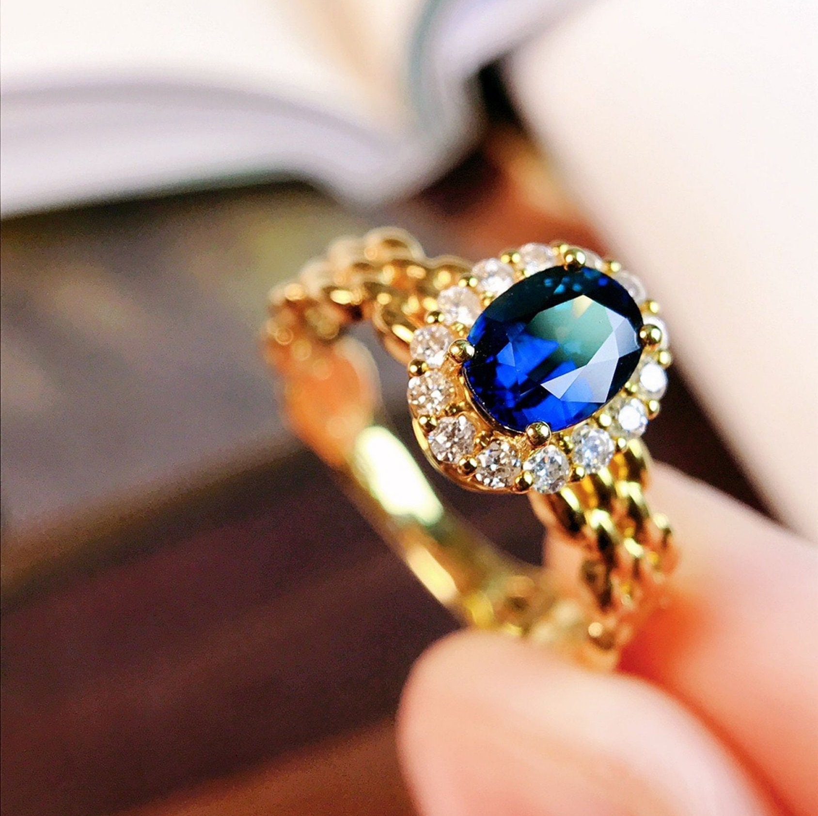 18k Gold Natural Sapphire Engagement Ring/zambia Sapphire Engagement