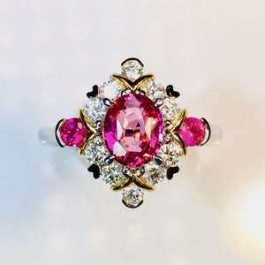 18k white gold natural pink sapphire engagement ring/Diamond halo sapphire wedding ring/Unique vintage sapphire ring/Handmade pink sapphire
