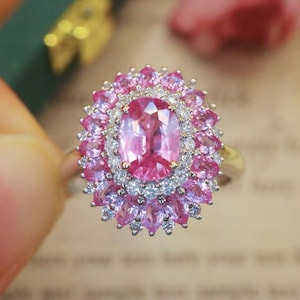 18k white gold natural pink sapphire wedding ring/Diamond halo sapphire ring/Statement oval sapphire ring/Art deco pink sapphire ring women