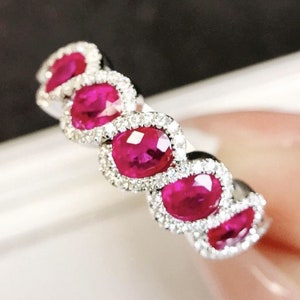Real Ruby Band, 18K Rose Gold Genuine Ruby Wedding Ring, Red Gemstone Ring for Women, July Birthstone Ring, unique Ruby Ring, Ruby Jewelry