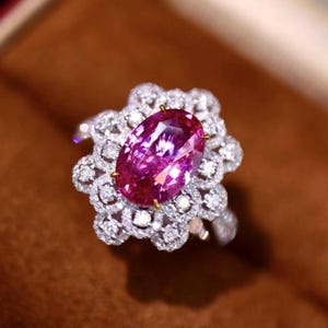 18k white gold genuine oval pink sapphire promise ring/Floral halo pink sapphire ring/Statement vintage sapphire ring/September birthstone