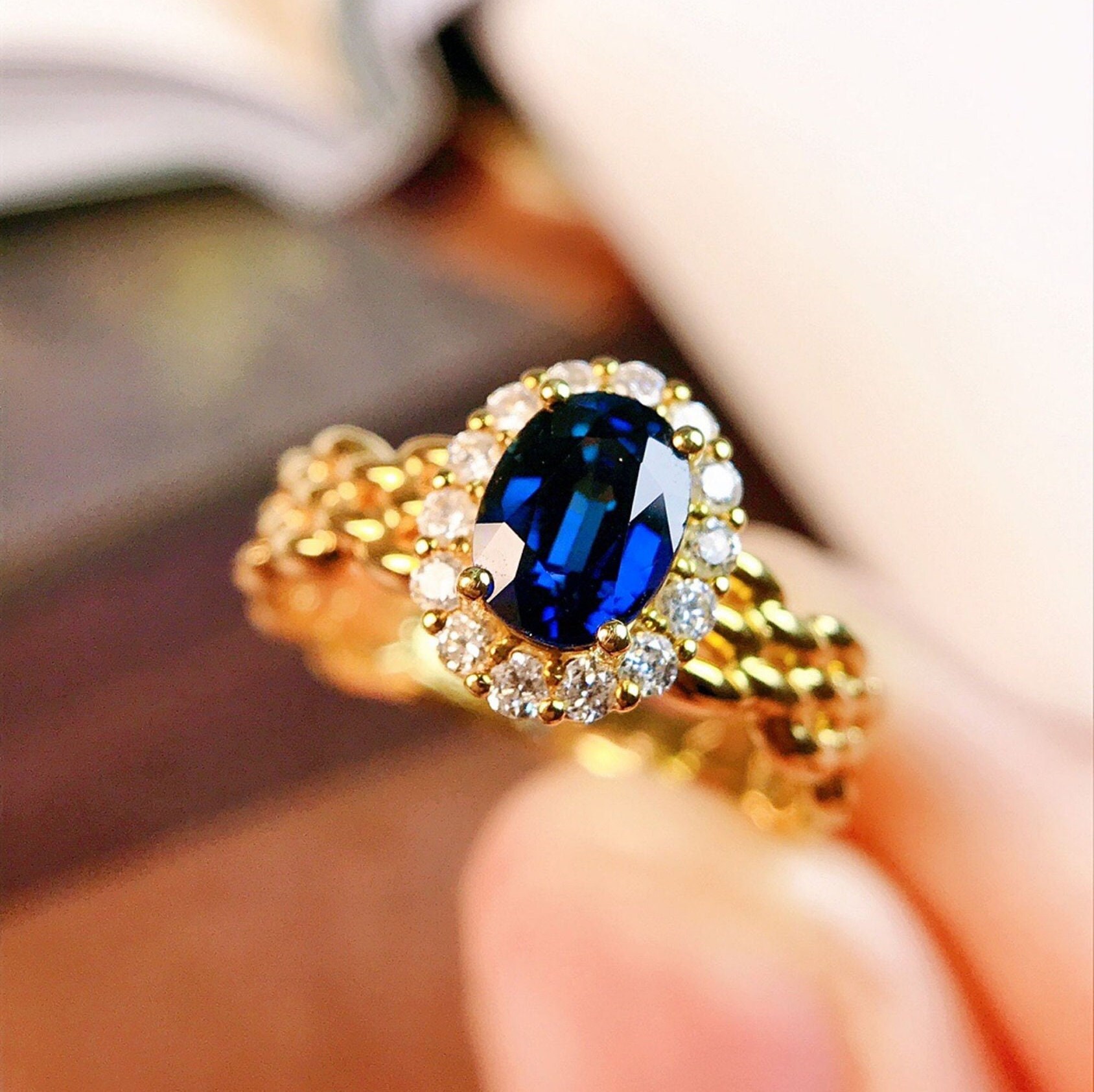 18k Gold Natural Sapphire Engagement Ring/zambia Sapphire Engagement