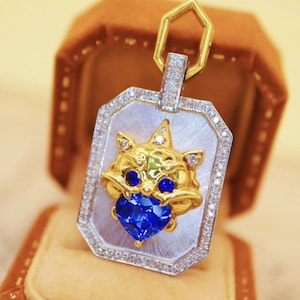 18k white gold blue sapphire necklace/Natural sapphire necklace with diamonds/Unique real sapphire pendant/Handmade sapphire pedant necklace