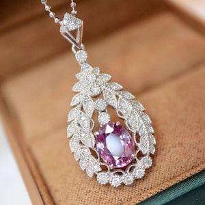 Double halo pear pink sapphire pendant 18k white gold/Natural real pink sapphire necklace/Unique diamond sapphire pendant/Dainty sapphire