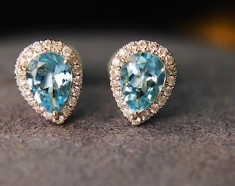 18k white gold real aquamarine studs/Halo aquamarine studs/Minimalist aquamarine studs/Dainty pear aquamarine earrings stud/trendy blue stud