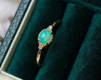 Dainty natural fire opal ring/Mexican fire opal ring/18k solid gold opal ring/Minimalist fire opal ring/rainbow opal engagement ring women