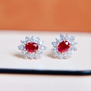 Minimalist ruby earring studs/18k white gold natural ruby studs/Diamond halo ruby studs/Dainty ruby studs/Modern Art Deco ruby studs woman