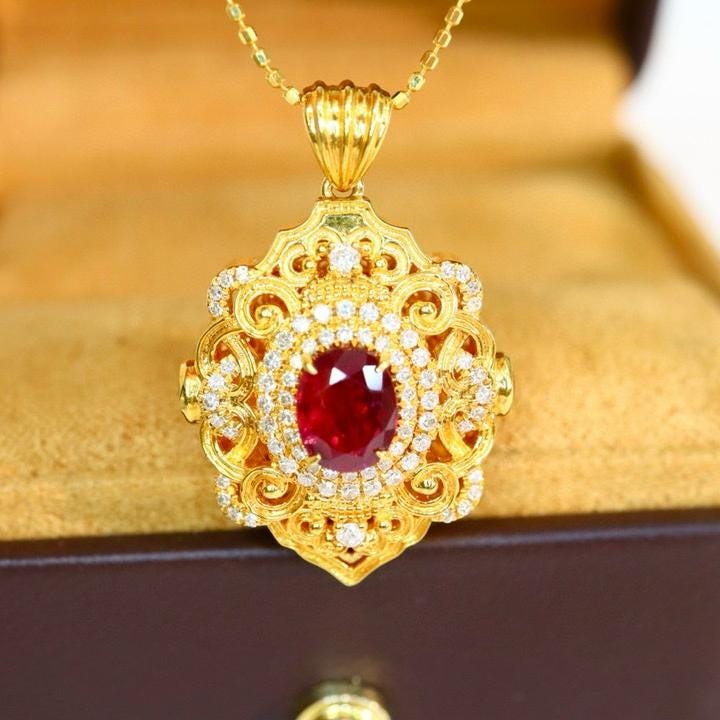 タイニークラウン bird pendant*gold + ruby 18K Solid Gold Natural Ruby Pendant/unique Pigeon Blood Ruby