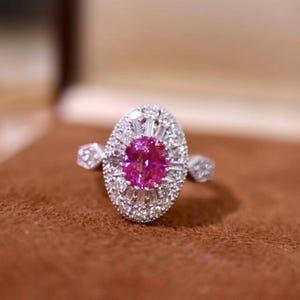 18k white gold genuine oval pink sapphire promise ring/Floral halo pink sapphire ring/Statement vintage sapphire ring/September birthstone