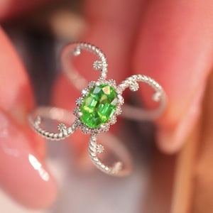 unique Tsavorite green garnet engagement ring in 18k white gold/handmade art deco tsavorite ring women birthstone anniversary gift for her