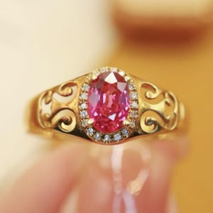 Vintage pigeon blood ruby ring/18k rose gold ruby engagement ring/Halo diamond ruby ring/Art deco ruby ring women/Unique handmade ruby ring