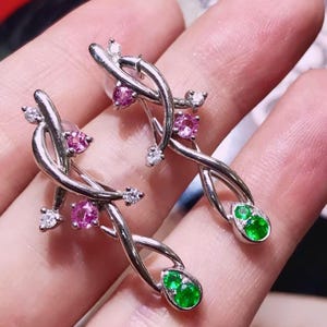 Unique natural emerald pink sapphire earring in 18k white gold/Vivid green real emerald studs/Handmade emerald earrings Art deco dangles