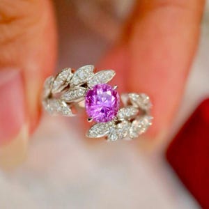 18k white gold genuine twig oval pink sapphire promise ring/Nature inspired pink sapphire ring/Statement vintage sapphire ring/September