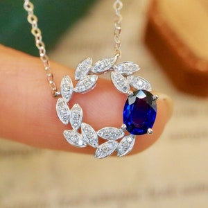 18k white gold royal blue sapphire necklace/Natural sapphire necklace with diamonds/Unique real sapphire pendant/Handmade sapphire necklace